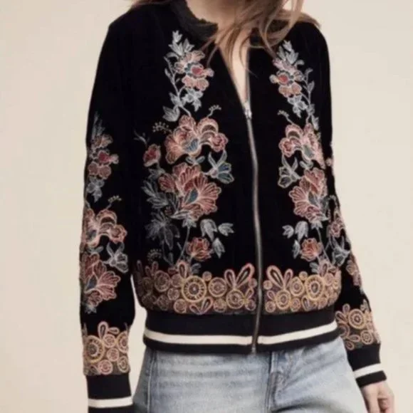 Anthropologie Black Floral Embroidered Jacket - Picture 1 of 13